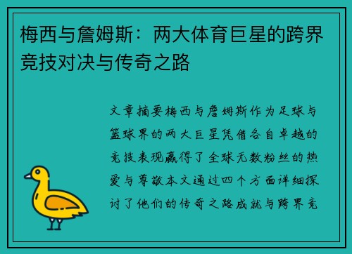 梅西与詹姆斯：两大体育巨星的跨界竞技对决与传奇之路