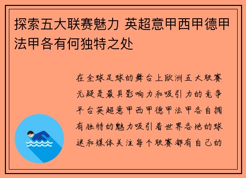 探索五大联赛魅力 英超意甲西甲德甲法甲各有何独特之处